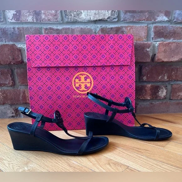 Tory Burch Navy Tumbled Leather Mini Miller 60MM Wedge Sandals - Picture 6 of 14